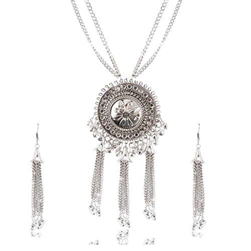 Image of Yellow Chimes Stylish Crafted Lotus Theme Silver Necklace Set with Earrings Oxidized Jewellery Sets for Women and Girls