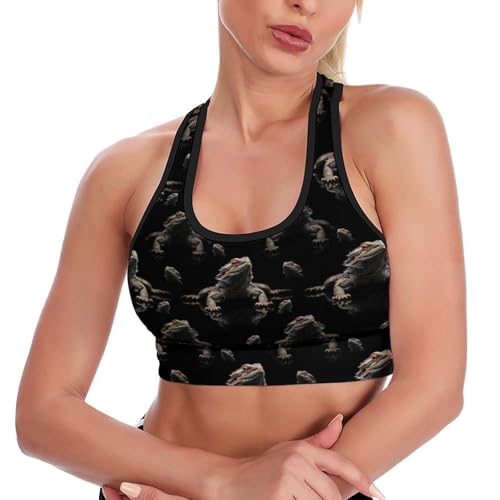 Comfort Fit Cool Bearded Dragon Lizards Animal Black Sports Vest for Women Girls, Racerback Athletic Tank Tops with Bralette Pads Fast Dry Shirts for Yoga Workout