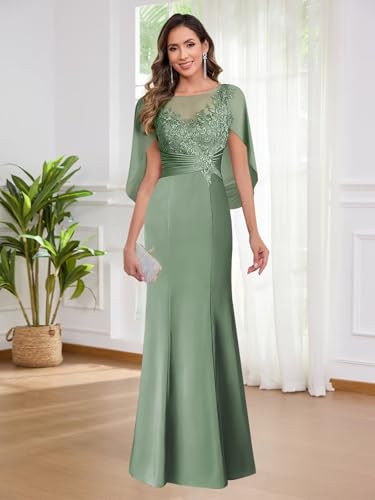 TORYEMY Cape Sleeve Mother of The Bride Dresses Long for Women Lace Appliques Satin Formal Wedding Guest Dress3