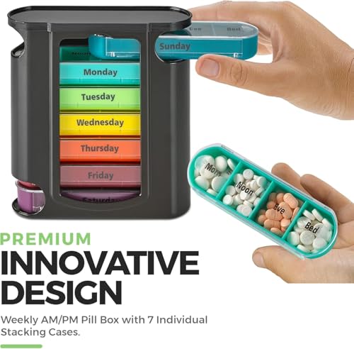 Image of ZELKEY weekly pill organizer 4 times a day, portable travel pill box 7 day with large compartments moisture-proof pill case for vitamin, Medicine, pills (Medicine Organizer Box) (BLACK)