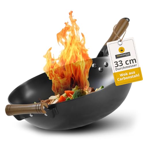 asiastreetfood Der perfekte Wok, Ø 33cm – Robuster Carbonstahl-Wok mit flachem Boden - Holzgriff – Geeignet für Gas-, Induktionsherd & Ceranfelder – Ohne Einbrennen für asiatische Gerichte