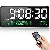 Koolertron デジタル時計 大画面 デジタル 時計 壁掛け 大型 気温/日付表示 明るさ調節&音量調整 アッリモコン付き USB給電 大きく見やすく目の悪い高齢者にも (ホワイトとグリーン 秒付き)