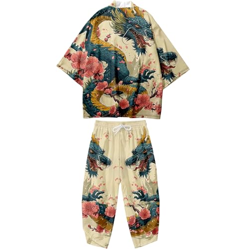 Image of DOSLAVIDA Men's Japanese Kimono Cardigan Suit Chinese Style Printed Jacket Pants Set Open Front Seven Sleeve Top & Shorts