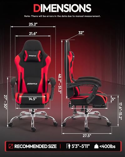 Image of Dowinx Ergonomic Gaming Chair with Footrest & Massage Lumbar, 2D-Linkage Armrests for Computer Chair 330lbs with Headrest Pillow for Office, Home, Streaming and Long Gaming Sessions, Fabric Dark Red
