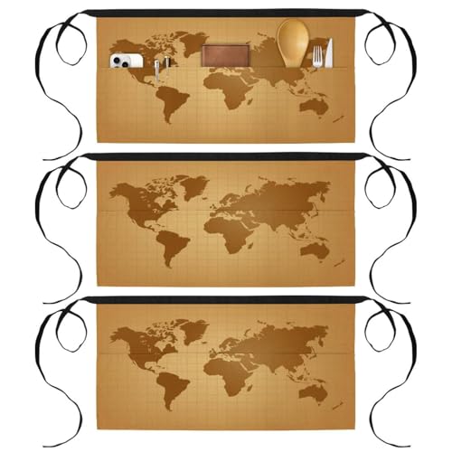 Demi-tablier pour cuisine multicolore style carte du monde avec 3 poches