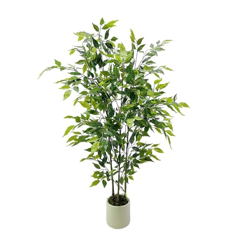 4Ft Artificial Ficus Tree, 47' Silk Fake Ficus Leaves Plant with White Imitation Ceramic Planter, Indoor Outdoor Potted Faux Tree for Home Garden Office House Livingroom Decor