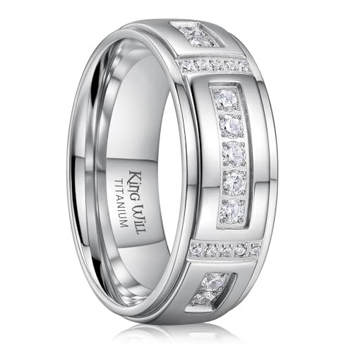 King Will Men's Titanium Wedding Band - 8mm Polished Band with Step Edges and Cross Design Featuring White Zirconia Insets Comfort Fit Size 7-14