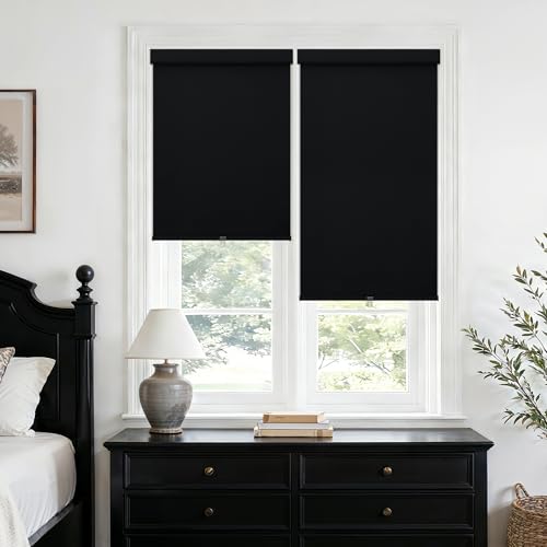 100% Blackout Cordless Roller Shades for Bedroom Free-Stop Blinds with Valance UV Protection Black Out Linen Shades Blinds for Indoor Bathroom Windows Living Dining Room Black W26xH72