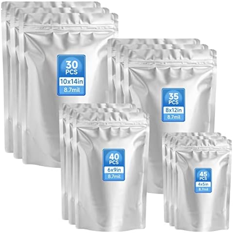 150pcs Mylar Bags for Food Storage, 1 Gallon 8.7 Mil Mylar Bags 4 Sizes Stand Up Smell Proof Ziplock Sealable Bags - 10x14-8x12-6x9-4x5 in