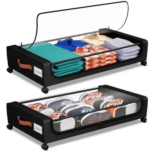 Futego Under Bed Storage with Wheels, UnderBed Storage Containers with Clear Lid and Handles, XXL 60L Under the Bed Storage Bins Drawers for Clothes,Blankets,Shoes,Books (BLACK, 2 PACK)