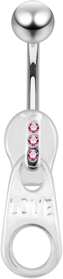 Silver Belly Rings Crystal Stone Love Zip Dangling 925 Sterling Body Jewelry