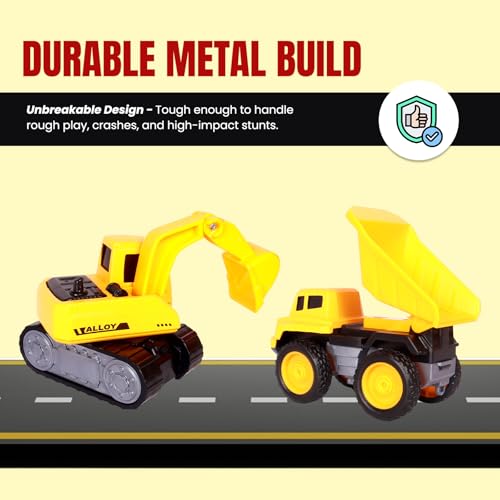 Image of PUREjoy Plastic Realistic Construction Vehicles, 6-Piece Mini Set with Pull-Back Action, Friction-Powered Trucks, Chunky Kid-Friendly Design, Yellow, Small