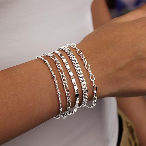 Gold Bracelets Set for Women Non Tarnish Trendy,14K Gold Plated Dainty Stackable Paperclip Cuban Link Chain Bracelets, Simple Cute Cuff Bracelets Jewelry Set Adjustable 7"+2"