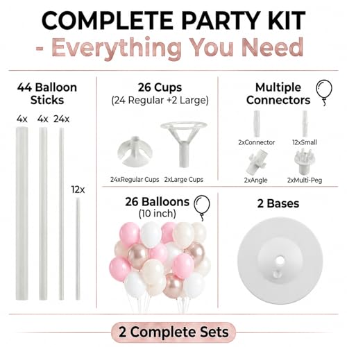 Image of Balloon Column Kit Set of 2 - 26pc Champagne Pink Metallic Balloons with Height Adjustable 20 inch-63 inch Tower Stand, Stable Base for Birthday Wedding Easter Baby&Bridal Shower Party Decorations