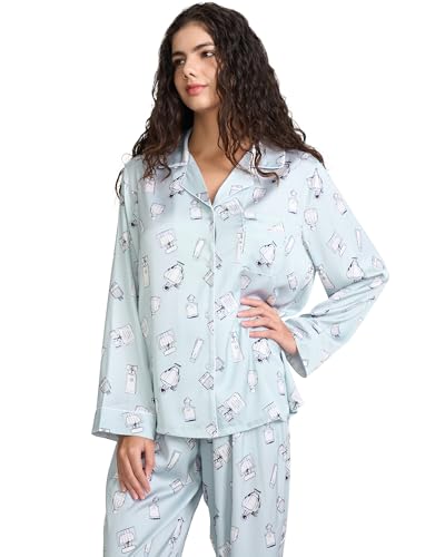 Image of YiNi LuLu Womens Silk Satin Pajamas Set Button Down 2 Piece Pjs Long Sleeve Oversized Sleepwear with Pockets