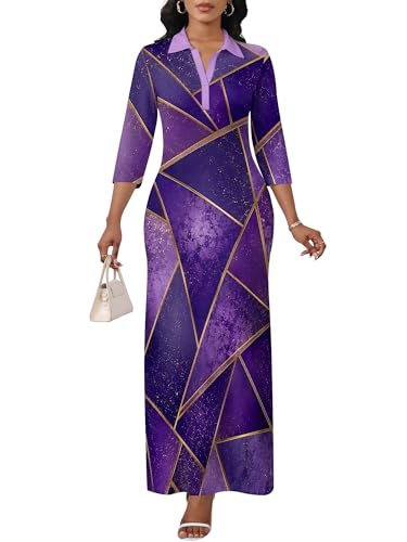 Image of PinkPatty Women's Casual 3 /4 Sleeve Polo V Neck Bodycon Maxi Dress