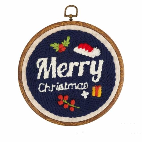 PLANCHOLO Christmas Punch Needle Embroidery Starter Kit: Merry Christmas Pattern, Yarns, Hoops, Instructions & Tools for Adults & Kids