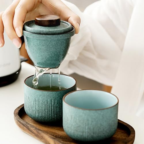 Juego de Té Portátil de Cerámica CRAFTHROU con Tetera de Madera y Bolsa 7