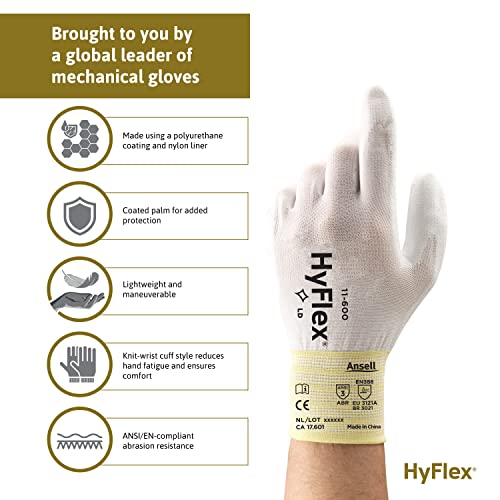 Ansell Hyflex 11-600 Nylon Glove, White Polyurethane Coating, Knit Wrist Cuff, Medium, Size 8 (Pack Of 12) #TOP2