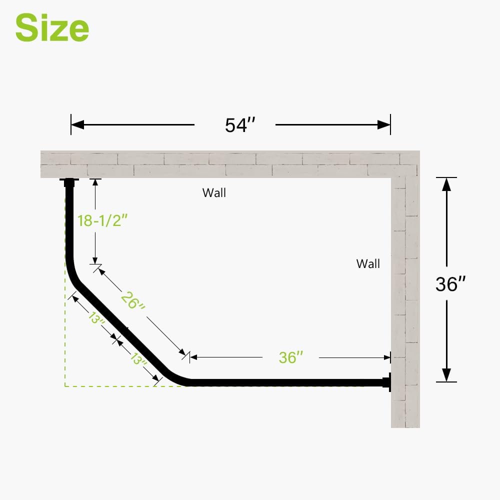 Naiture Corner Neo-Angle Shower Curtain Rod Stainless Steel with Ceiling Support, 18-1/2" X 26" X 36"(counterpart wall size:54" x 36"), Black Finish