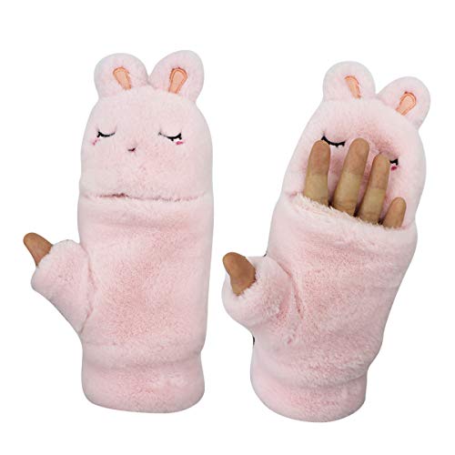 RARITYUS Women Girls Gloves Warm Soft Cute Cartoon Plush Convertible Flip Top Winter Fingerless Thick Mittens for Teen3