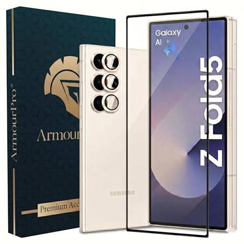 Image of ArmourPro Edge to Edge Tempered Glass for Samsung Galaxy Z Fold 5 with Gold Camera Ring Guard, 9H Screen Protector, Anti-Scratch, Anti-Fingerprint, Bubble-Free Installation Kit