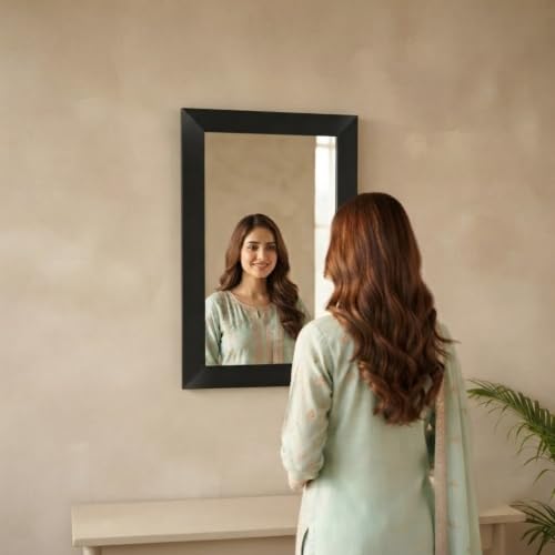 Image of Creative Arts n Frames Wall Decor Hand Crafted Wooden HD Wall Mirror Panel for Living Room Bedroom Lobby Modern Wall Decor Home Decor Items (Classic Black 14X22 inch Framed HD Mirror)