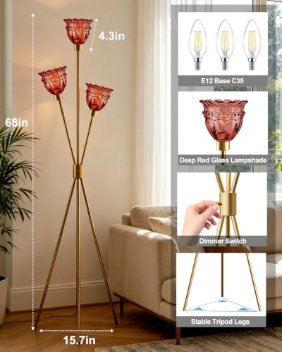 Image of Lightdot 3-Lights Glass Tripod Floor Lamp Gold Dimmable Floor Lamps with 3000K Warm White Bulbs for Wedding Party 62IN Tall Standing Lamp with Deep Red Glass Shade for Living Room /Bedroom /Home Decor