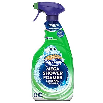 Scrubbing Bubbles Mega Shower Foamer Disinfecting Spray, Multi-Surface Bathroom and Tile Cleaner Grime Fighter, Removes 100% Soap Scum, Rainshower Scent, 32 oz