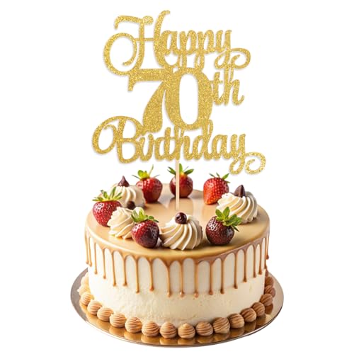 ZEYIYER Gold 70th Cake Toppers Glitter Happy 70th Birthday Cake Decorations Seventy Years Old Cakes Pick for Women Men Birthday Party Supplies