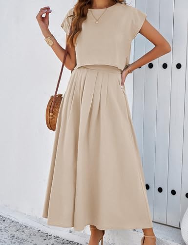 Image of Mingzhu Womens 2 Piece Outfits Skirt Set Summer Casual Cap Sleeve Crop Tops Maxi Dress Sets with Pockets