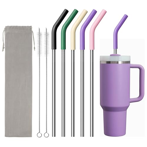 Image of 40 oz Metal Straw for Stanley Cup,Simple Modern, Meoky Tumbler, 5 Pcs Reusable Stainless Steel Straws with Silicone Tip, Replacement Straws for 40oz Tumblers, Cleaning Brush, 1 Portable Bag