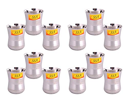 SHIV SHAKTI ARTS Curved Stainless Steel Small Silver Touch Design Glass, 150 ML Set of 12, Water Milk Tea Lassi Glass, Tumbler