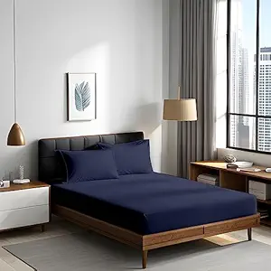 bien LIVING Luxury Flat Bedsheet Double Size, Soft & Smooth, 100% Cotton 200 TC, Anti-Bacterial N9 Pure Silver Finish, (222cm x 254cm) & Pillow Covers (Set of 2), (43 x 69 cm), (Dark Blue)