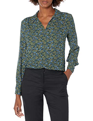 Amazon Brand - Lark & Ro Women's Georgette Long Sleeve Collared Split Neck Blouse, GREEN LILYPAD FLORAL, Large