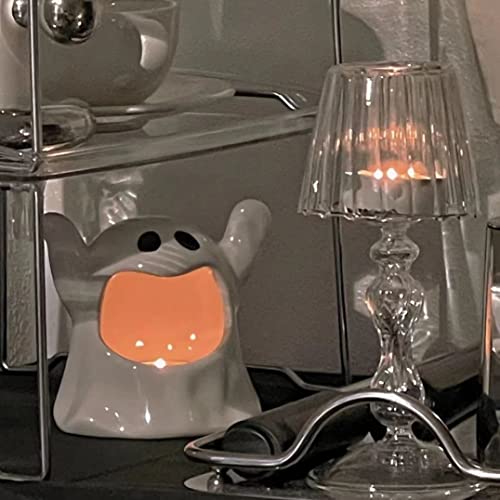 Halloween Ghost Candle Holder + 10 Candles Ceramic Ghost Decoration, Festive Halloween Candle Holder Cute Ghost Candle Holder Tea Light (White Ghost + 10candles)