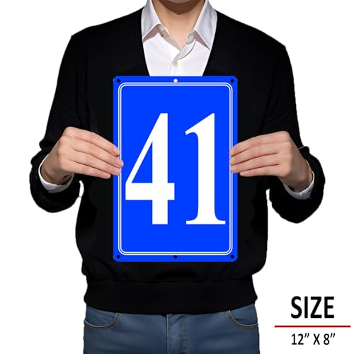 Image of Premium Aluminum Number Signs 41, Metal 12 inch X 8 inch Blue Numbered Signs Outdoor for Parking Lots, Floor, Dock, Court, Aisle, Field, High Visibility, No Fade, Weather-resistant