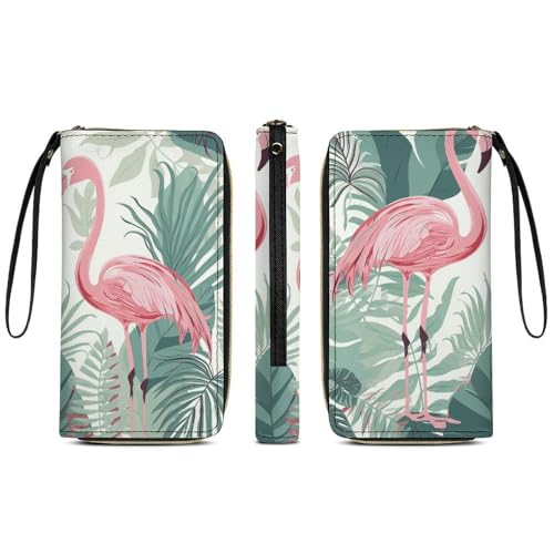 Women Wallets Cartoon Flamingo Leaves Leather Wallet for Women Thin Wallet with Zipper Pocket Card Holder3