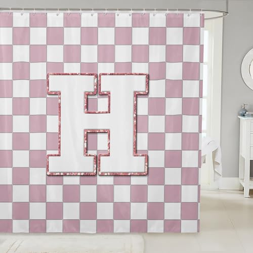 Image of Erosebridal Pink Initial H Shower Curtain 72 inch Wx84 L Kawaii Plaid Checkered Bathroom Curtain Cute Personalized Monogram Bathroom Accessories for Kids Girls,Fashion Grids Gingham Shower Decor