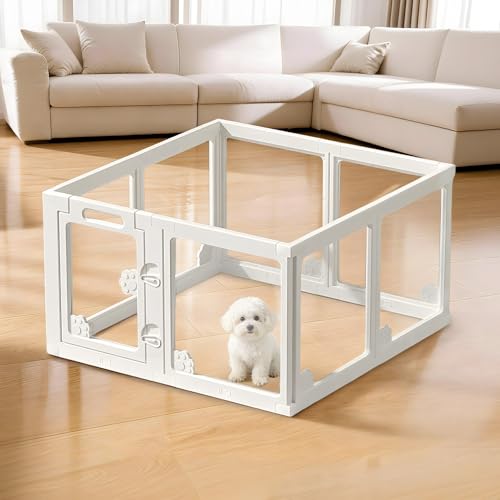 Essgudo ペットサークル 【全透明アクリル板】 ペットフェンス 吸盤付き 高さ60cm 折りたたみ 犬用フェンス ドア付き ペット サークル 組立簡単 パネル 滑り止め 逃げ防止 中型犬 小型犬 傷つきにくい 丈夫 可愛い 一年保 証 幅100×奥行100cmの商品画像（Amazon）