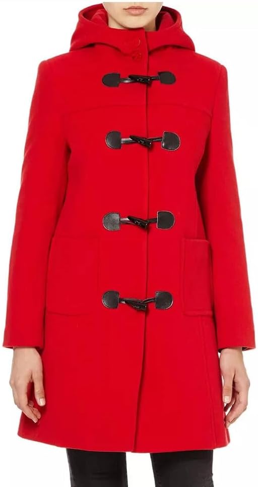 Women Classic Toggle Duffle Coat with Hood Jacket Winter Trench Coat Red & Black - Image 4