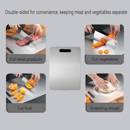 Tablero de corte de acero inoxidable, 3 piezas (pequeño 15×25 cm, mediano 20×29 cm, grande 23×34 cm), rectangular, con mango, apto para lavavajillas, ideal para vegetales, carne y frutas miniatura 4