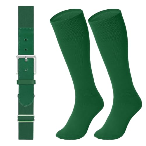 LEACOOLKEY Baseball Belt and Socks Combo Set Softball Socks and Elastic Belt for Adult Men Women Dark Green