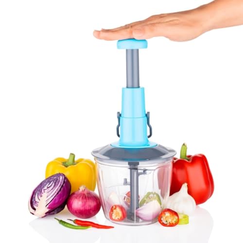 Image of 2-in-1 Hand Press Push Chopper | Manual Chopper with 4 Precision Blades for Effortless Vegetable & Fruit Cutting 1000ML Capacity | Sleek Blue Design
