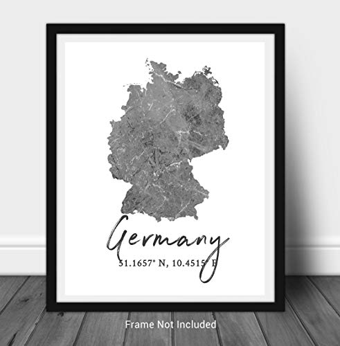 Germany Map Wall Art Print - 8X10 Silhouette Decor Print With Coordinates. Makes A Great German-Themed Gift. Shades Of Grey, Black & White. #TOP1