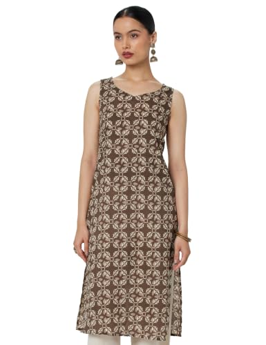 Image of Ichaa Women's All-Over Printed Sleeveless Kurta | Straight Fit Ethnic Kurta | Round Neck Casual Ethnic Wear Kurta