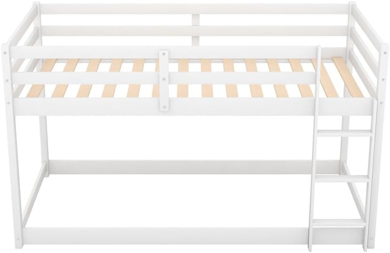 Twin Over Twin Floor Bunk Bed, Solid Wood Low Bunk Bed Frame with Full Guardrails & Integrated Ladder, No Box Spring Needed, White