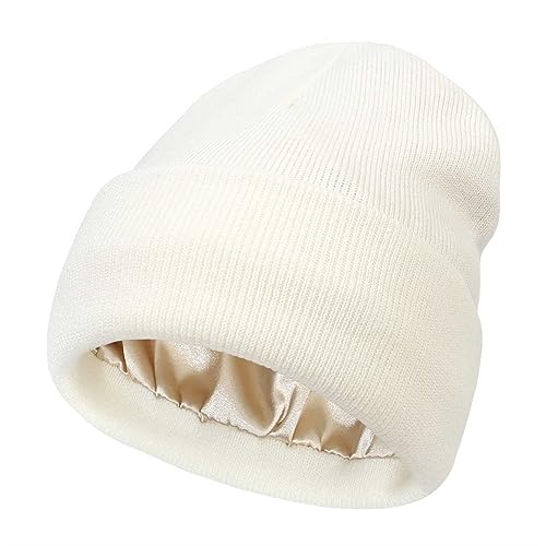 Cappello Donna Invernale Caldo Berretto Interno Seta Morbida Comoda Berretti in Maglia con Raso Fodera Interna, Cappello Interno Seta Moda Stretch Fitted Cappellino Unisex (01-White, One Size)