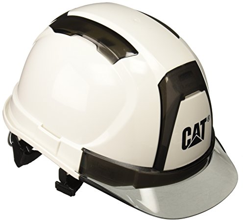 Cat CAT019665 Hard Hat – One Size, White, ABS Shell w/ Transparent Brim Protective Work Cap w/ Slotted Sides, Ratcheting Suspension
