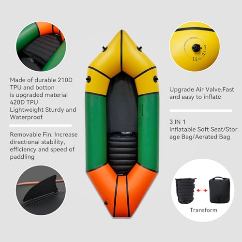 image for LINGVUM Packraft Inflatable Kayak with Soft Seat,Bag,Fin for Flat/Whit
